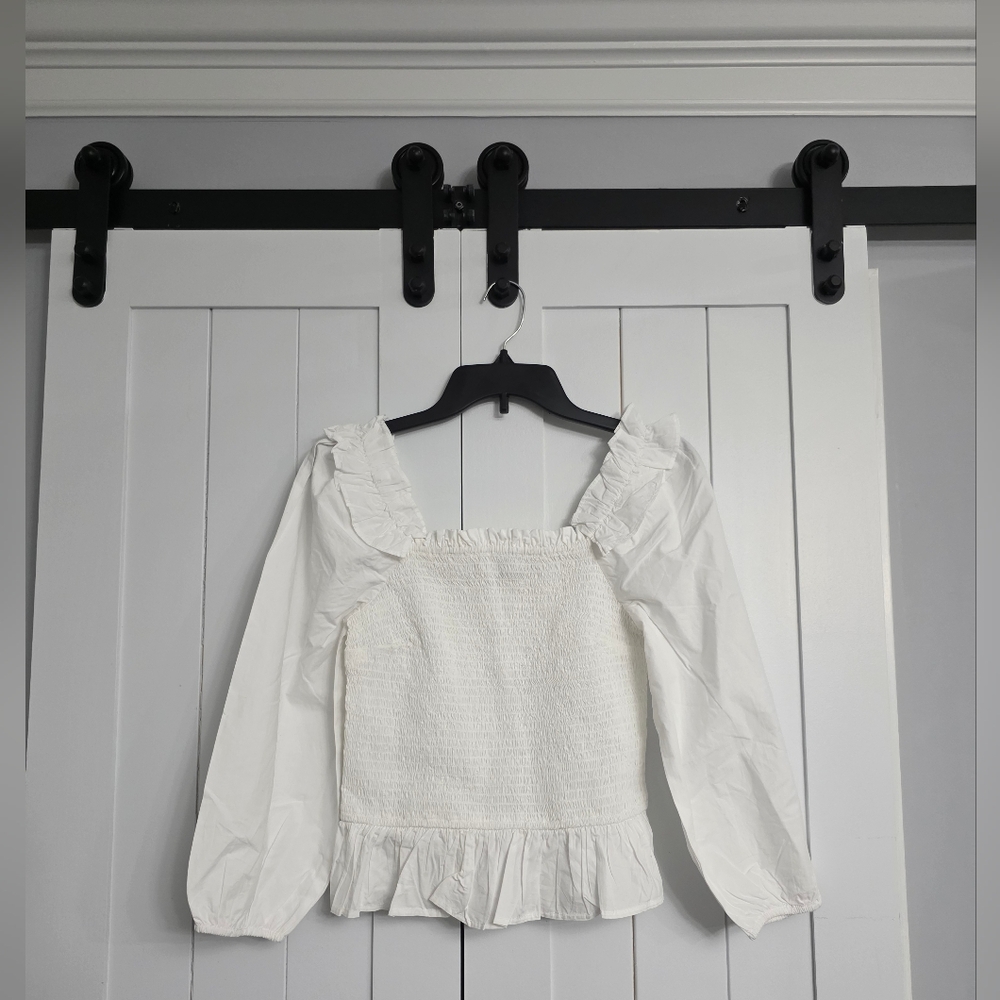 The Drop Women's Marisol Long-Sleeve Ruffle Smocked Top. NEW!